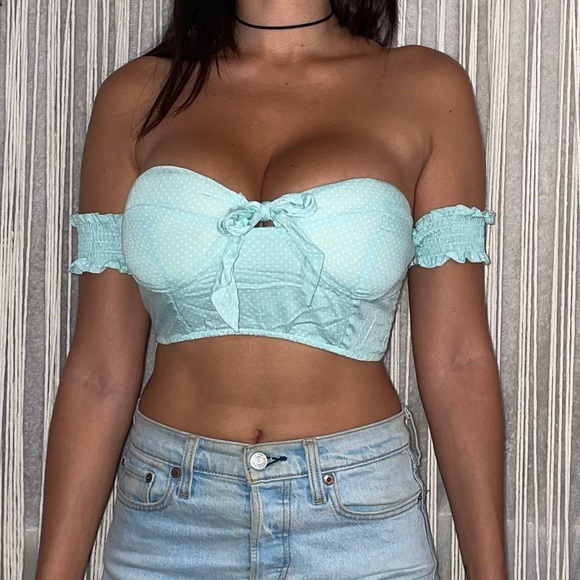 Cropped Off The Shoulder Mint Polka Dot Shirt - Picture 1 of 4